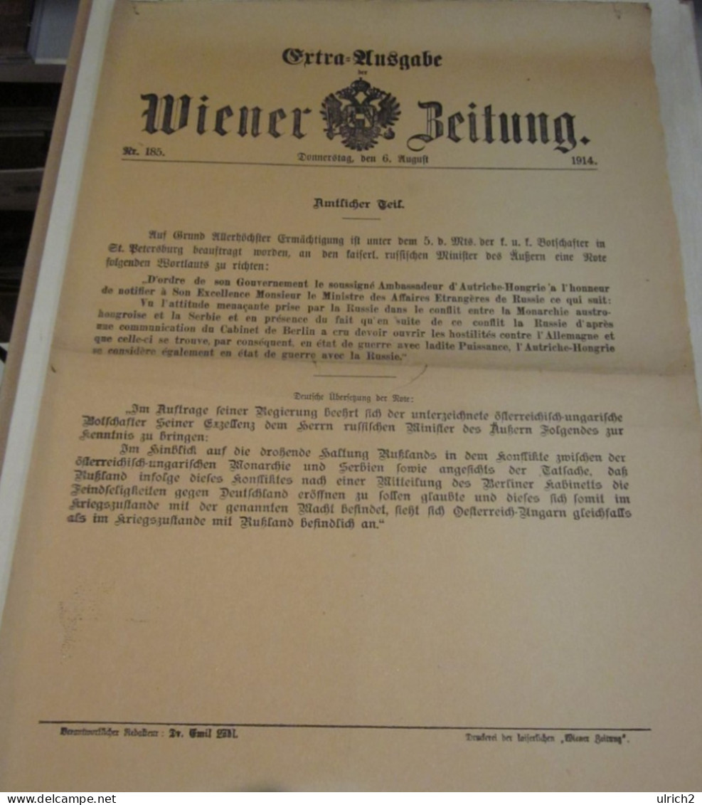 Wiener Zeitung Extra-Ausgabe 6.8.1914 - Kriegserklärung Österreich-Ungarn An Russland - 41*29cm (65628) - German