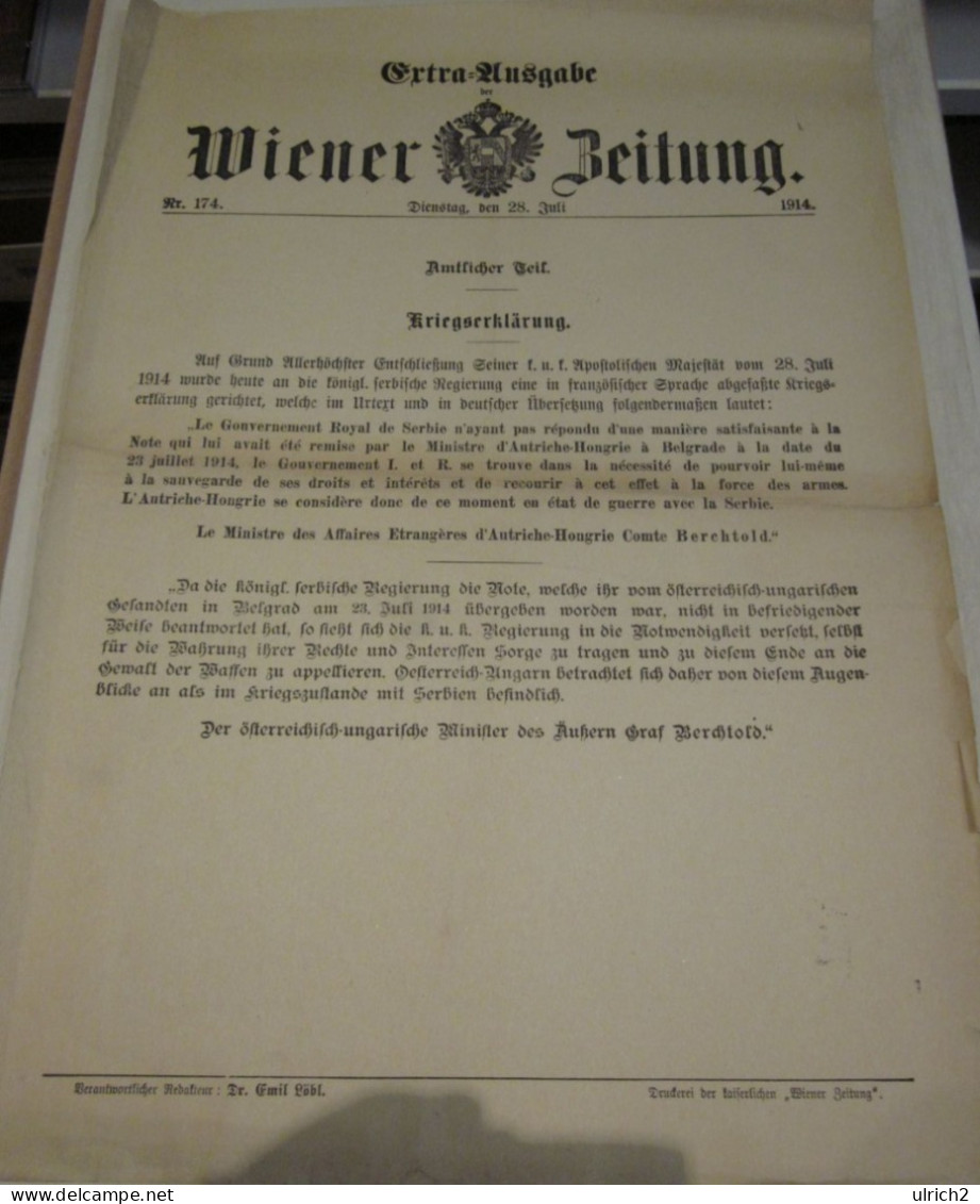 Wiener Zeitung Extra-Ausgabe 28.7.1914 - Kriegserklärung Österreich-Ungarn An Serbien - 41*29cm (65629) - Duits