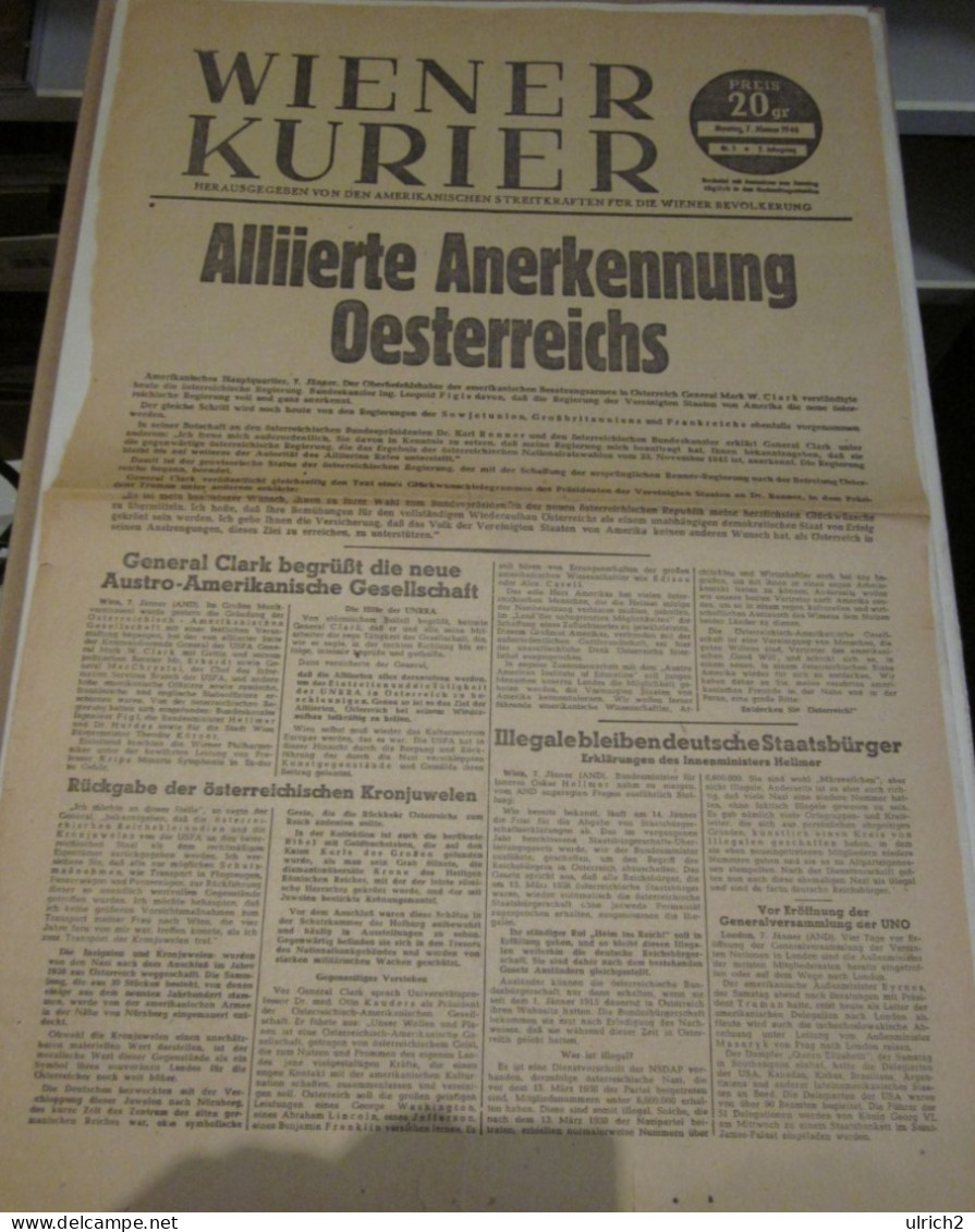 Wiener Kurier 7.1.1946 - Wien Österreich - Alliierte Anerkennung Oesterreichs - Nürnberger Prozess - 47*32cm (65635) - Other & Unclassified