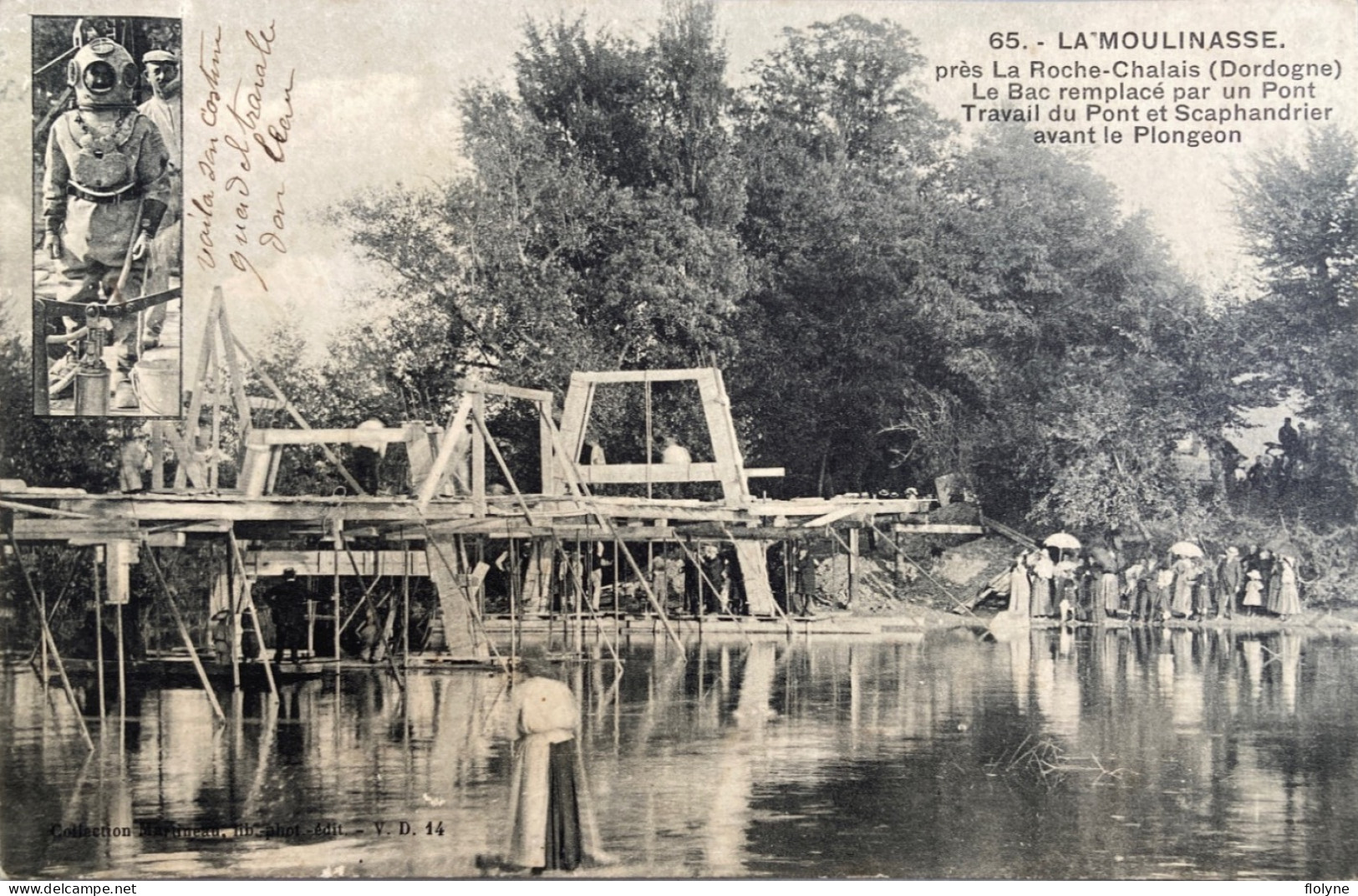 La Moulinasse - Travail Du Pont Et Scaphandrier Avant Le Plongeon - Bac Remplacé Par Un Pont - Près La Roche Chalais - Autres & Non Classés