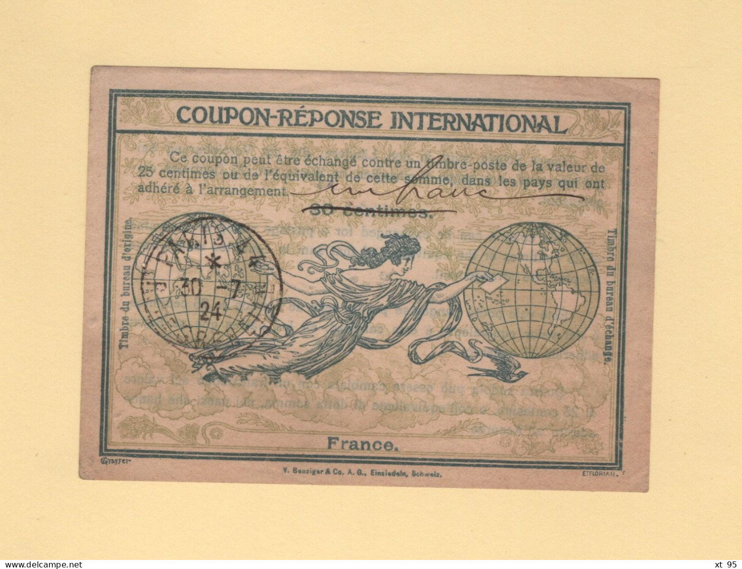 Coupon Reponse International - Surcharge Un Franc Manuscrite - Paris - 1924 - Coupons-réponse