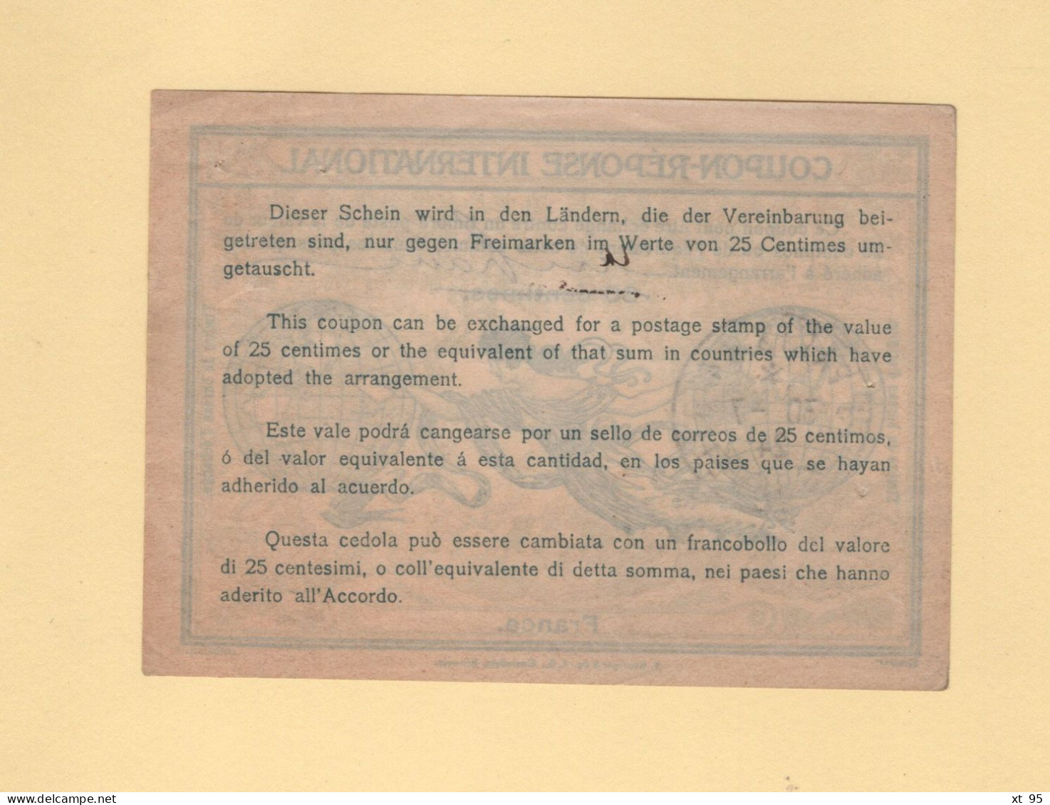 Coupon Reponse International - Surcharge Un Franc Manuscrite - Paris - 1924 - Coupons-réponse