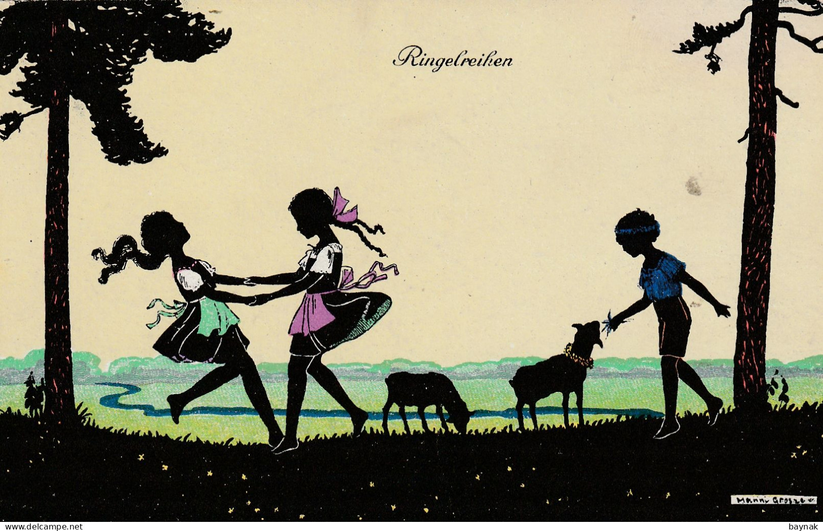 TH3355  --   MANNI GROSZE   Pinx.  --   RINGELREIHEN --  GIRLS --  SHEEP, MOUTON  --  ART DECO  --  SILHOUETTE - Grosze, Manni