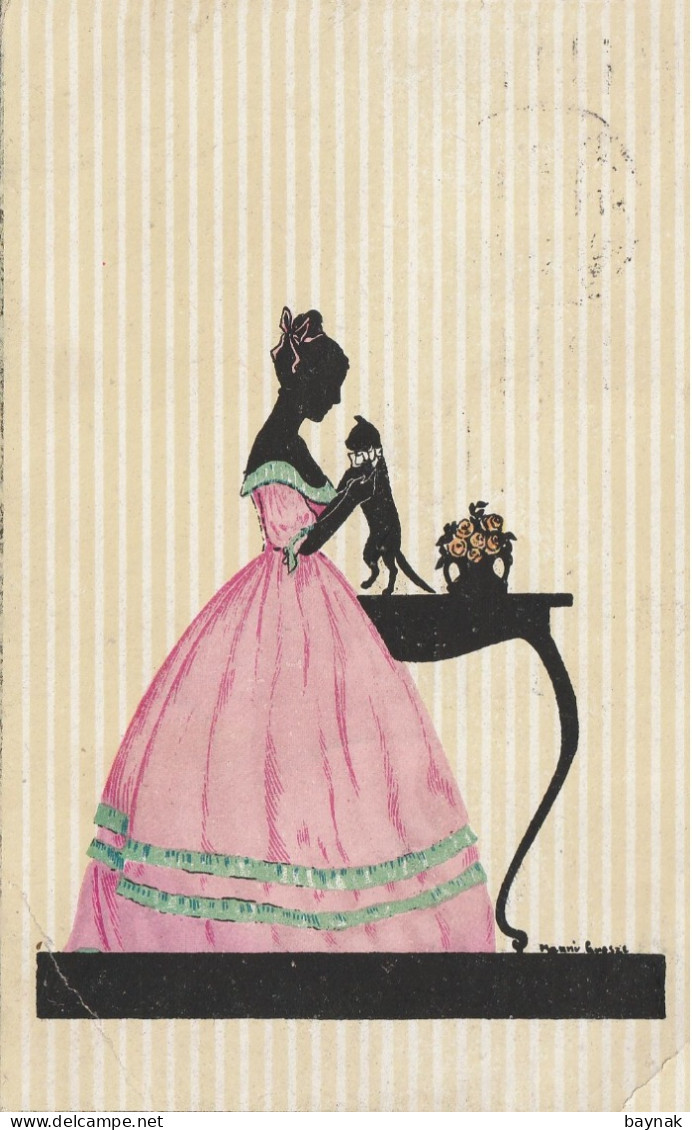 TH3357  --   MANNI GROSZE   Pinx.  --  LADY  WITH CAT, CHAT, KATZE --  ART DECO, ART NOUVEAU, JUGENDSTIL  --  SILHOUETTE - Grosze, Manni