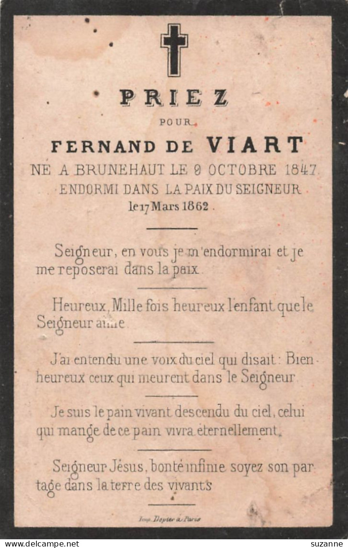 1862 - Né à BRUNEHAUT En 1847 - Priez Pour Fernand De VIART - Image Pieuse Ancienne + Au Dos Texte - Brunehaut