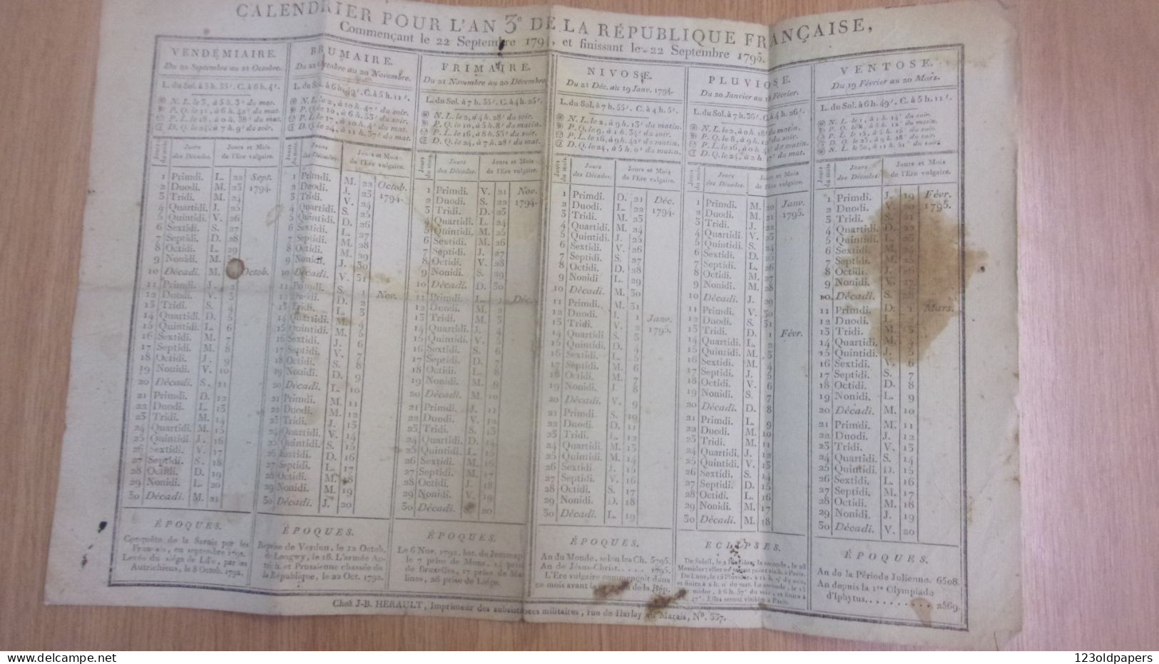 1794 CALENDRIER POUR L AN 3 DE LA REPUBLIQUE FRANCAISE  CHEZ JB HERAULT IMPRIMEUR MILITAIRE RUE DE HARLAIS MARAIS - Big : ...-1900