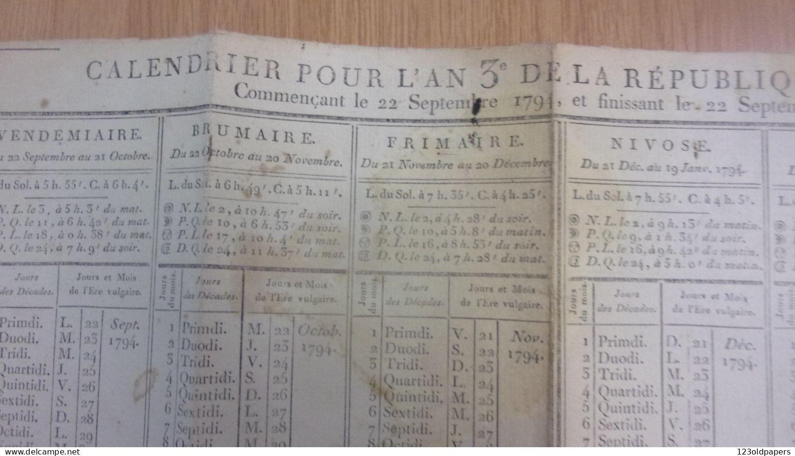 1794 CALENDRIER POUR L AN 3 DE LA REPUBLIQUE FRANCAISE  CHEZ JB HERAULT IMPRIMEUR MILITAIRE RUE DE HARLAIS MARAIS - Tamaño Grande : ...-1900