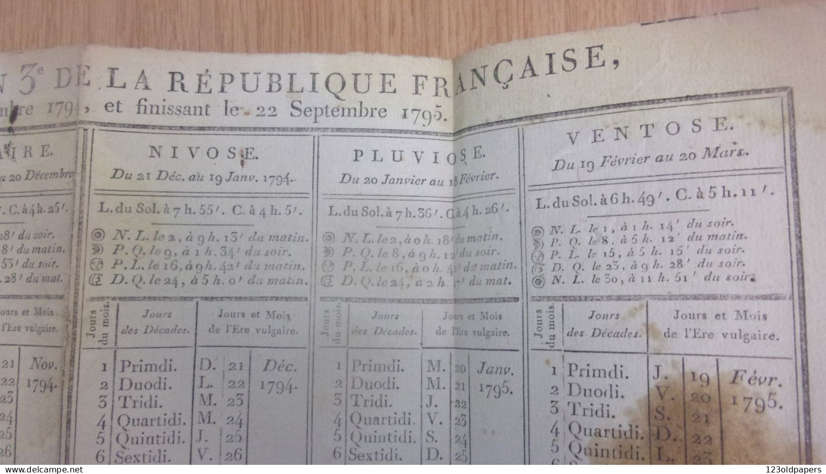 1794 CALENDRIER POUR L AN 3 DE LA REPUBLIQUE FRANCAISE  CHEZ JB HERAULT IMPRIMEUR MILITAIRE RUE DE HARLAIS MARAIS - Tamaño Grande : ...-1900