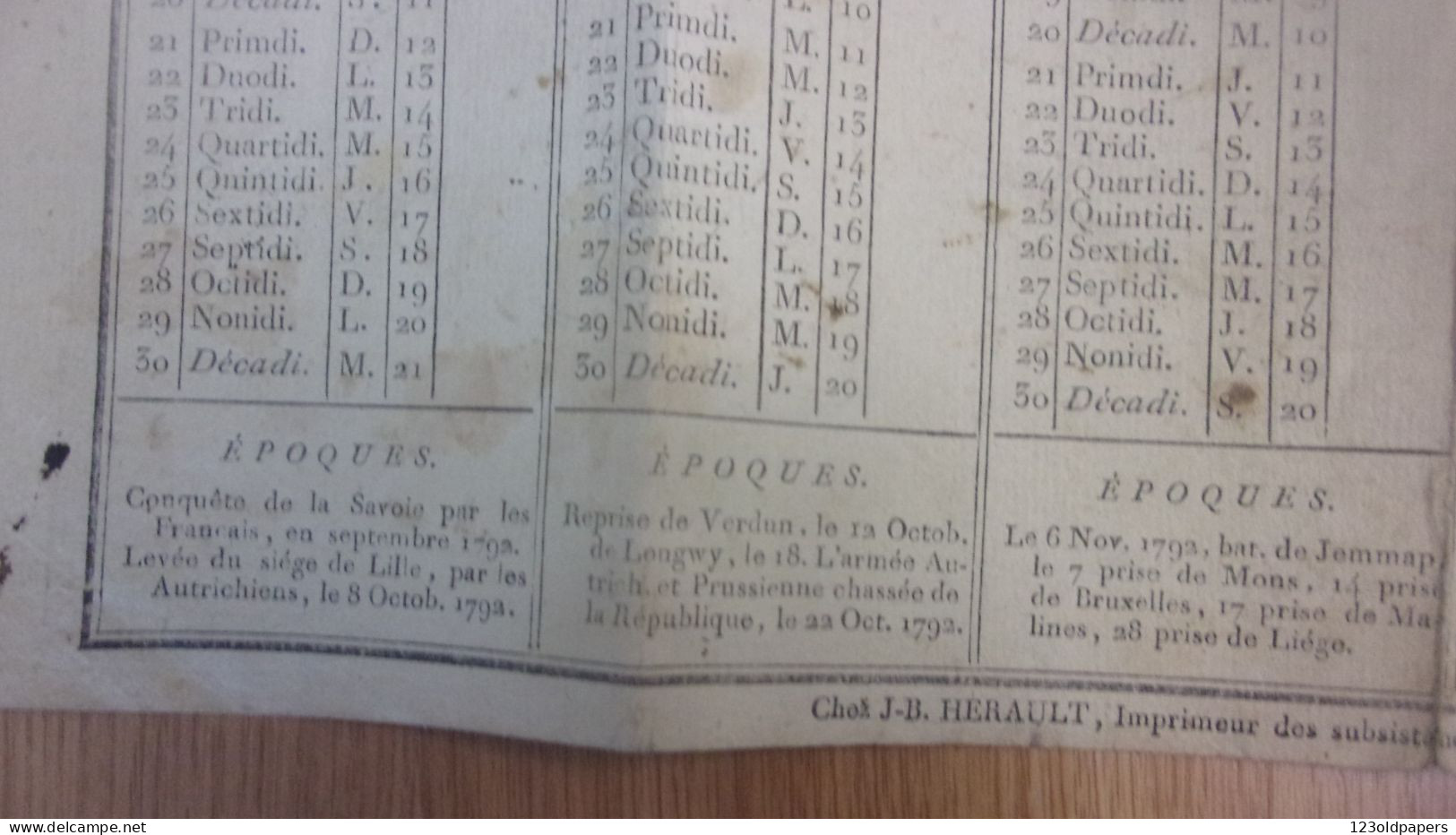 1794 CALENDRIER POUR L AN 3 DE LA REPUBLIQUE FRANCAISE  CHEZ JB HERAULT IMPRIMEUR MILITAIRE RUE DE HARLAIS MARAIS