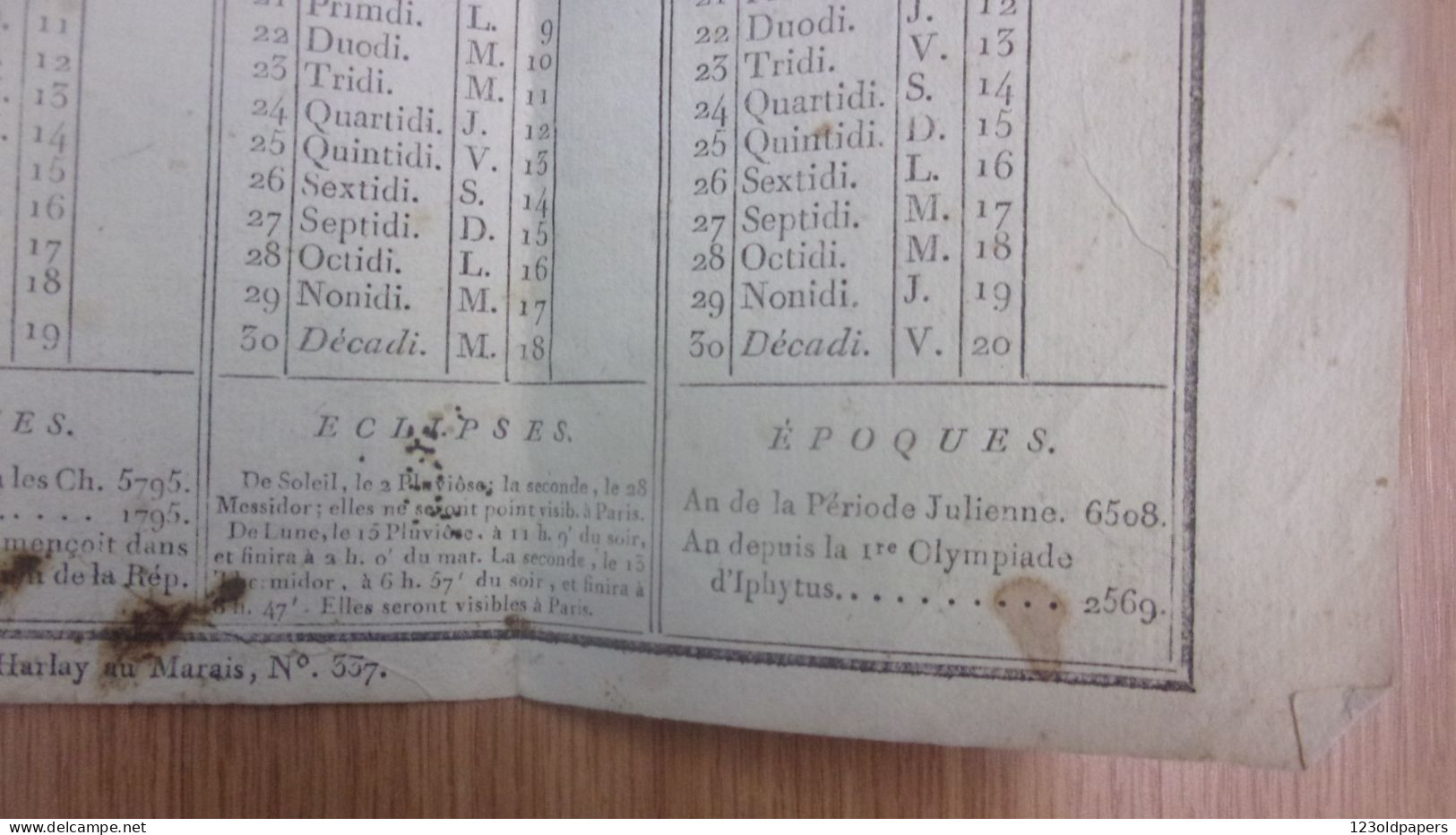 1794 CALENDRIER POUR L AN 3 DE LA REPUBLIQUE FRANCAISE  CHEZ JB HERAULT IMPRIMEUR MILITAIRE RUE DE HARLAIS MARAIS