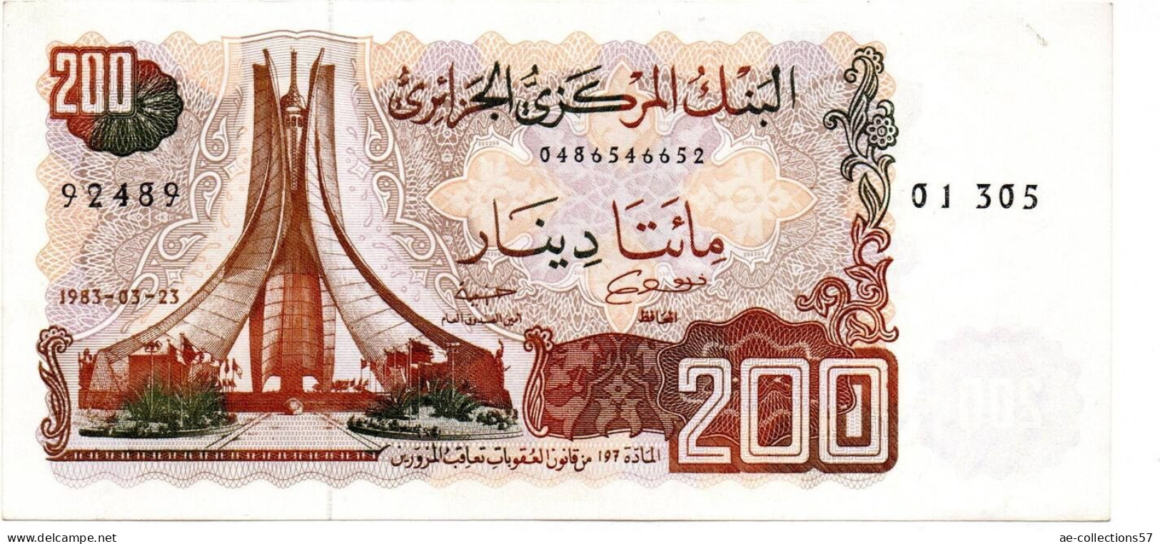 MA 21885    --  Algérie  --   200 Dinars    23/03/83    --   état  SPL - Argelia