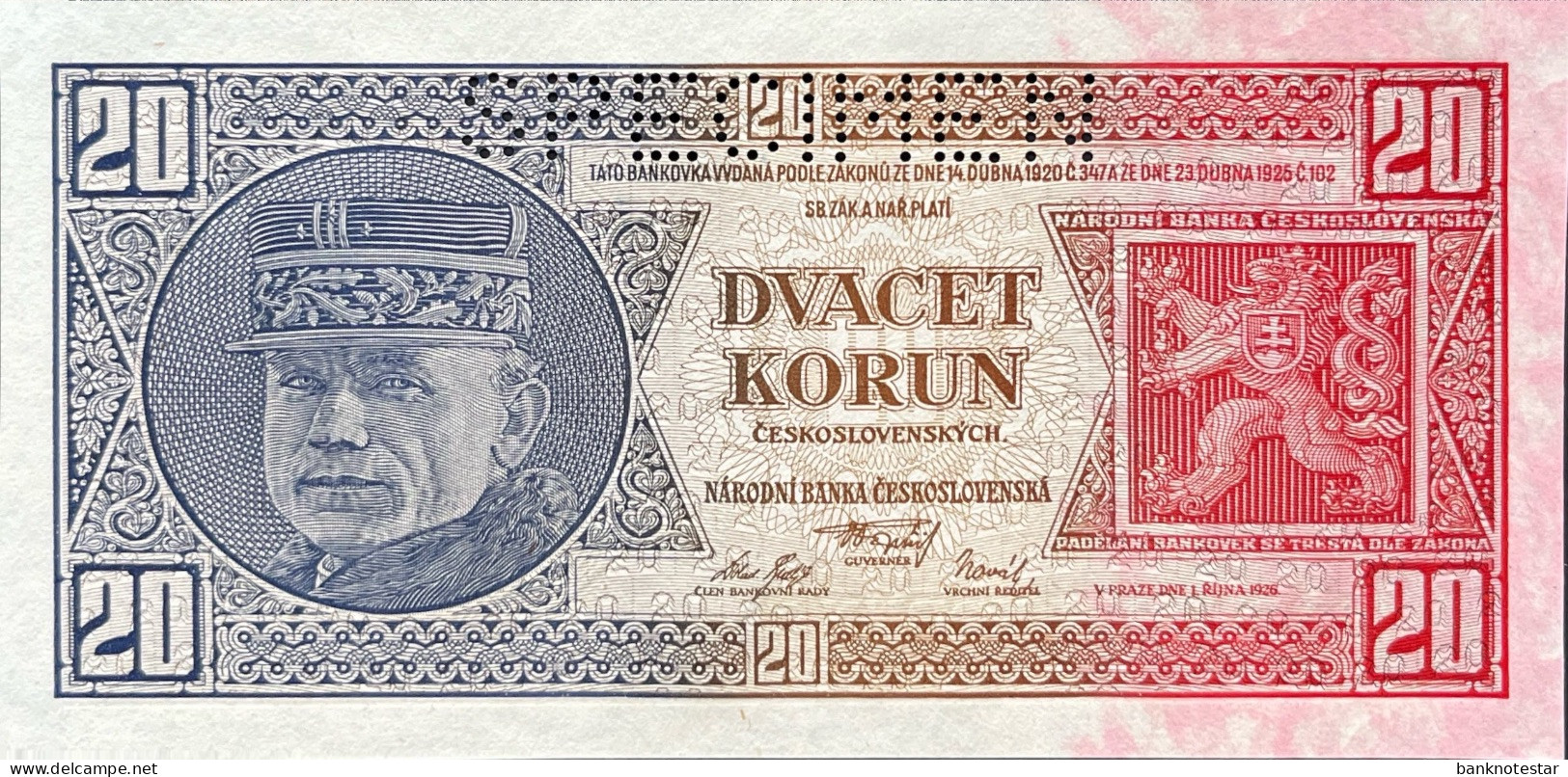 Czechoslovakia 20 Korun, P-21s (1.10.1926) - UNC - SPECIMEN - Checoslovaquia