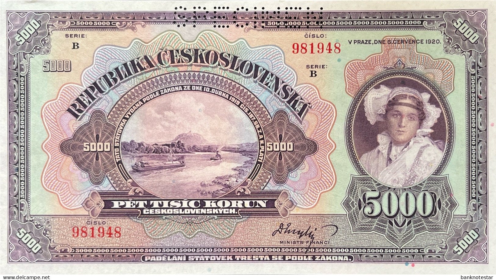 Czechoslovakia 5.000 Korun, P-19s (6.7.1920) - UNC- - SPECIMEN - Czechoslovakia