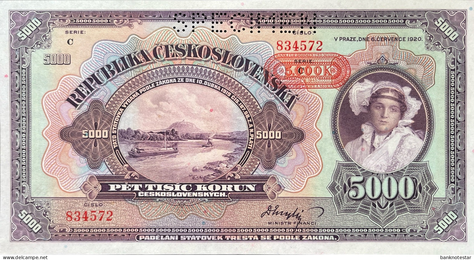 Bohemia & Moravia 5.000 Korun, P-16s (25.10.1943) - UNC - SPECIMEN - Tschechoslowakei