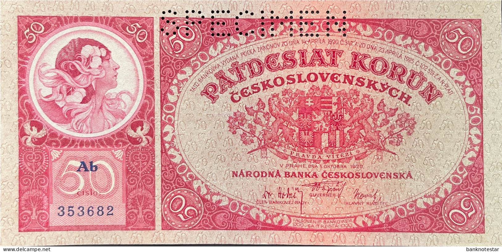 Czechoslovakia 50 Korun, P-22s (1.10.1929) - AU - SPECIMEN - Cecoslovacchia