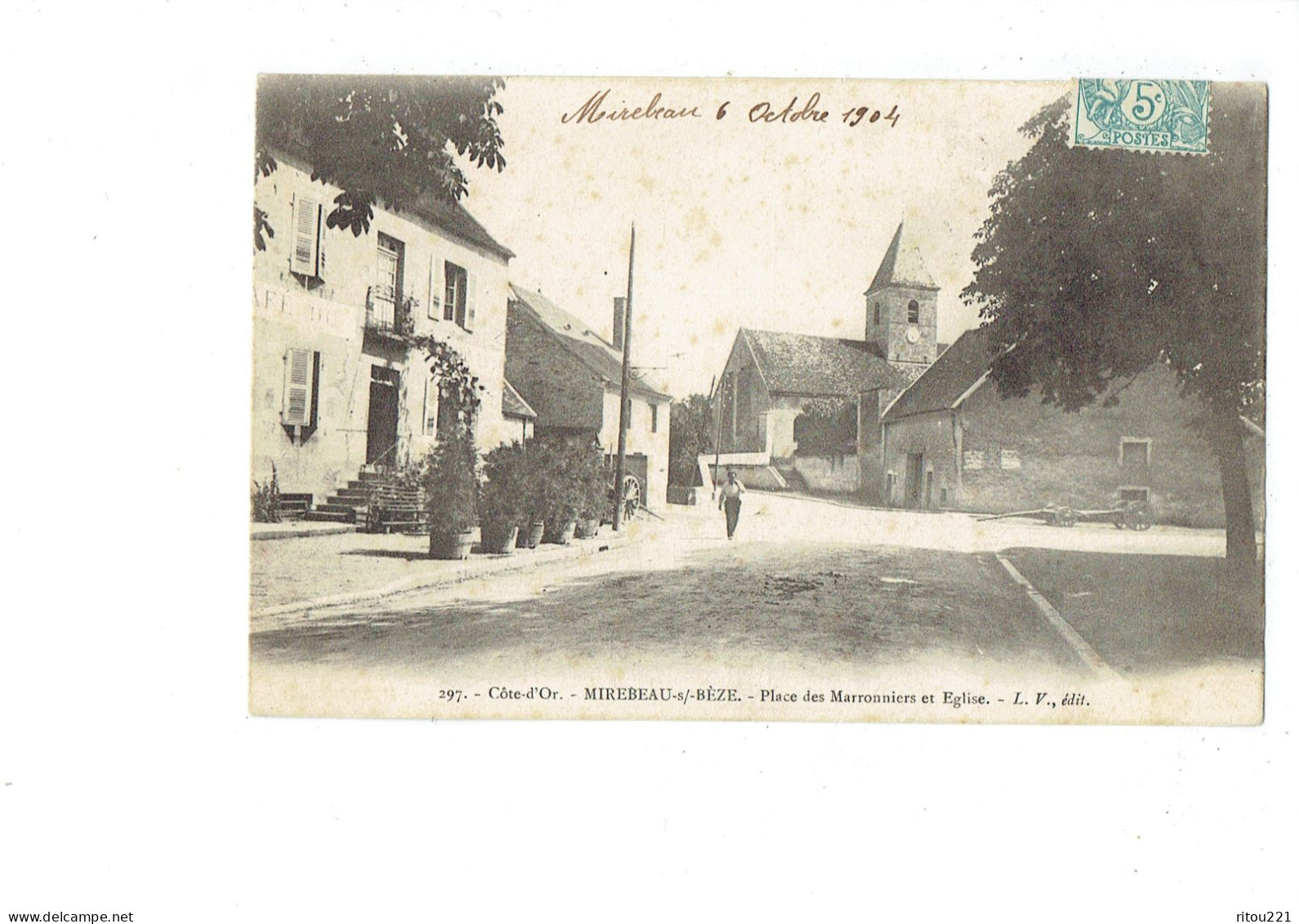 Cpa - 21 - Côte D'Or - MIREBEAU-sur-BEZE - Place Des Marronniers église - L.V. 297 - Animation - 1904 - Café Arbre - Mirebeau