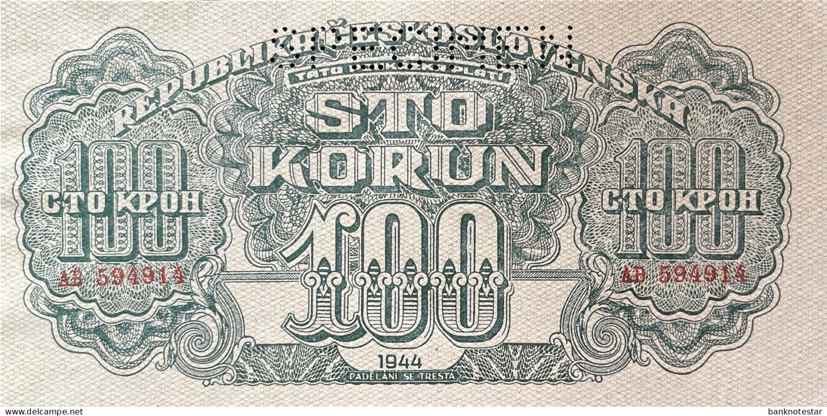 Czechoslovakia 100 Korun, P-48S (1944) - UNC - SPECIMEN - Tchécoslovaquie