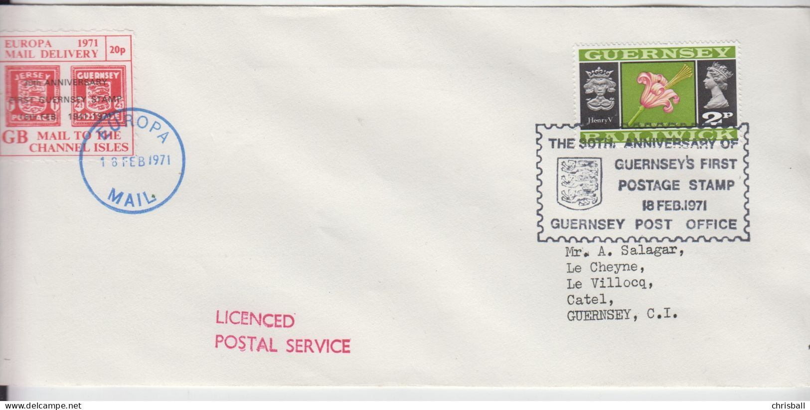 Guernsey 1971 20p Red Europa Mail Delivery On Cover Special Cachet - Guernsey