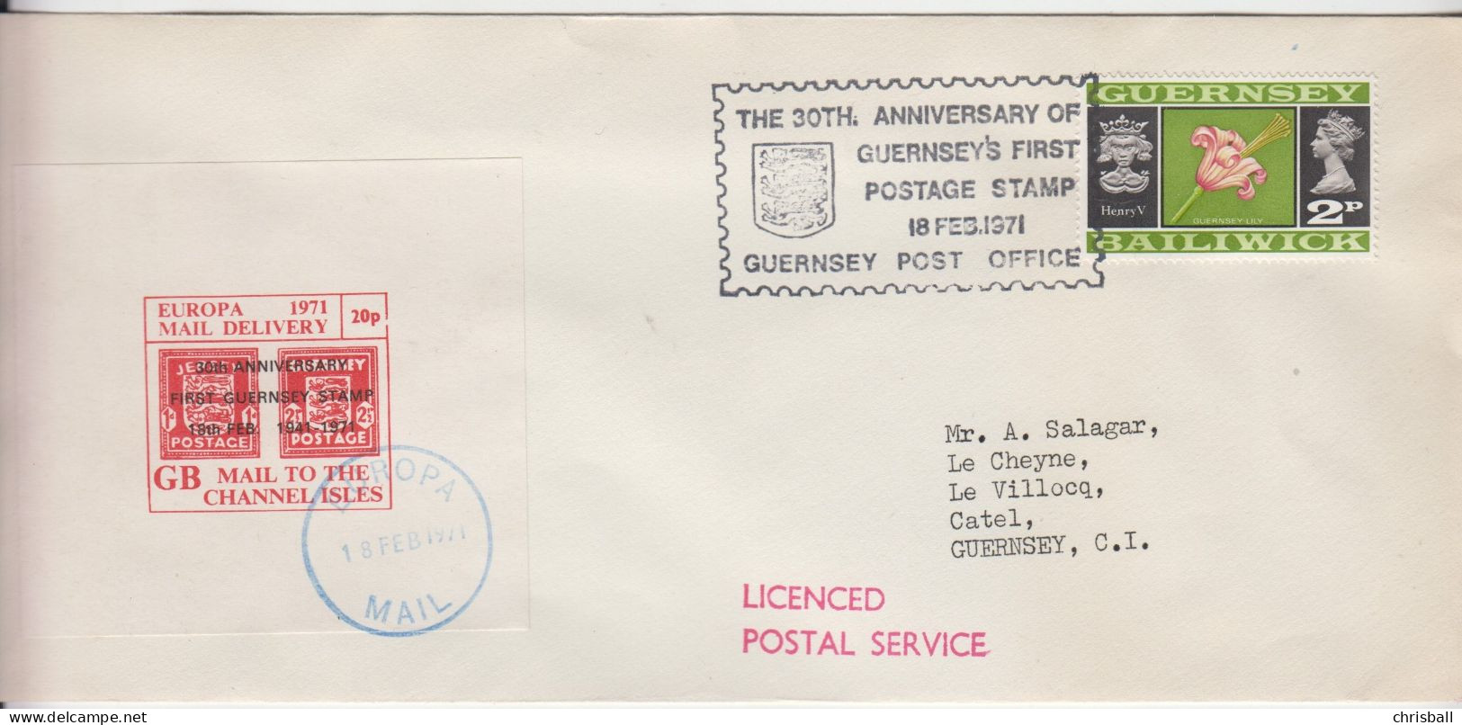 Guernsey 1971 20p Red Miniature Sheet Europa Mail Delivery On Cover Special Cachet - Guernsey