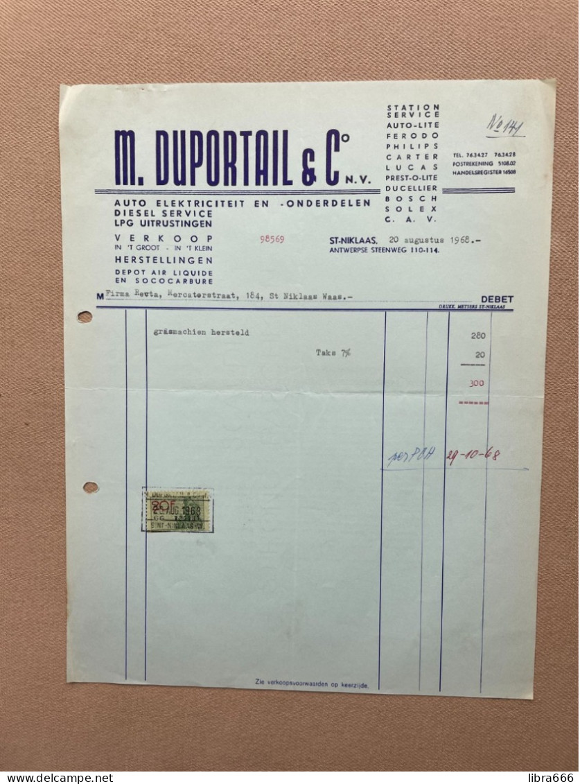 SINT-NIKLAAS - 1968 - M. DUPORTAIL & Co N.v. - Auto Elektriciteit En -onderdelen (+ Fiscale Zegel) - 1950 - ...