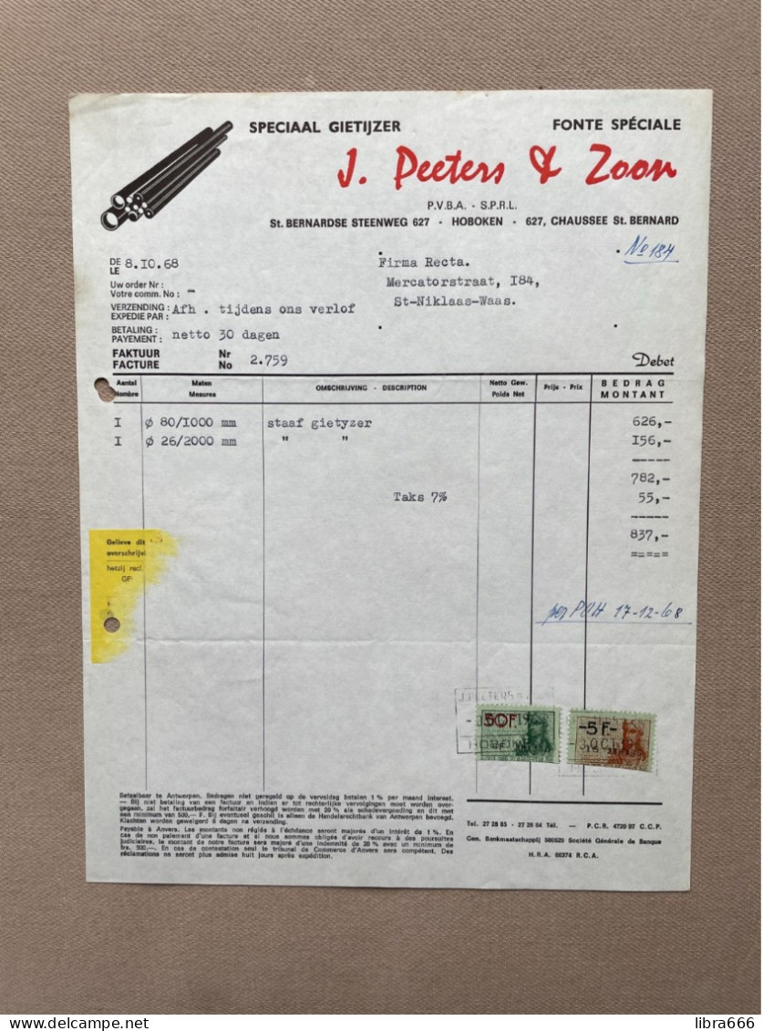 HOBOKEN - 1968 - J. PEETERS & ZOON P.v.b.a. - Speciaal Gietijzer (+ Fiscale Zegels) - 1950 - ...