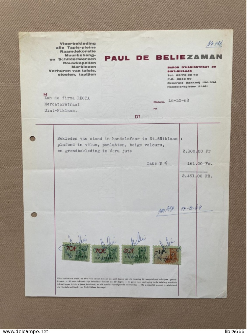 SINT-NIKLAAS - 1968 - Paul DE BELIE ZAMAN - Vloerbekleding - Raamdekoratie - Muurbehang - Rouwkapellen (+fiscale Zegels) - 1950 - ...