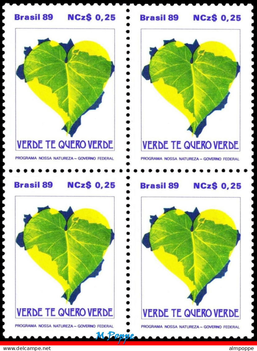 Ref. BR-2165-Q BRAZIL 1989 - PLANTS, ENVIRONMENTALCONSERVATION, MAPS, MI# 2294, BLOCK MNH, NATURE 4V Sc# 2165 - Hojas Bloque