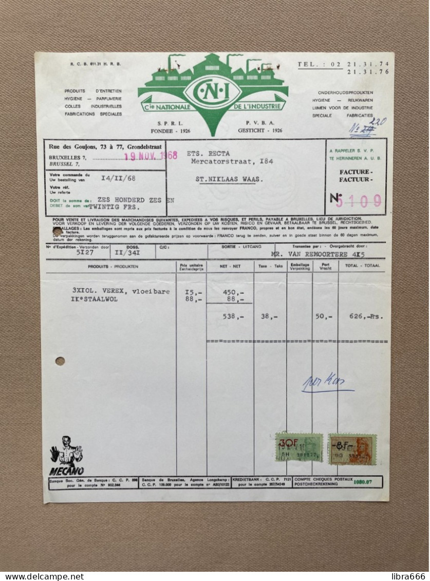 BRUSSEL - 1968 - C.N.I. - Cie Nationale De L'industrie - Onderhoudsprodukten (+ Fiscale Zegels) - Bruxelles - 1950 - ...