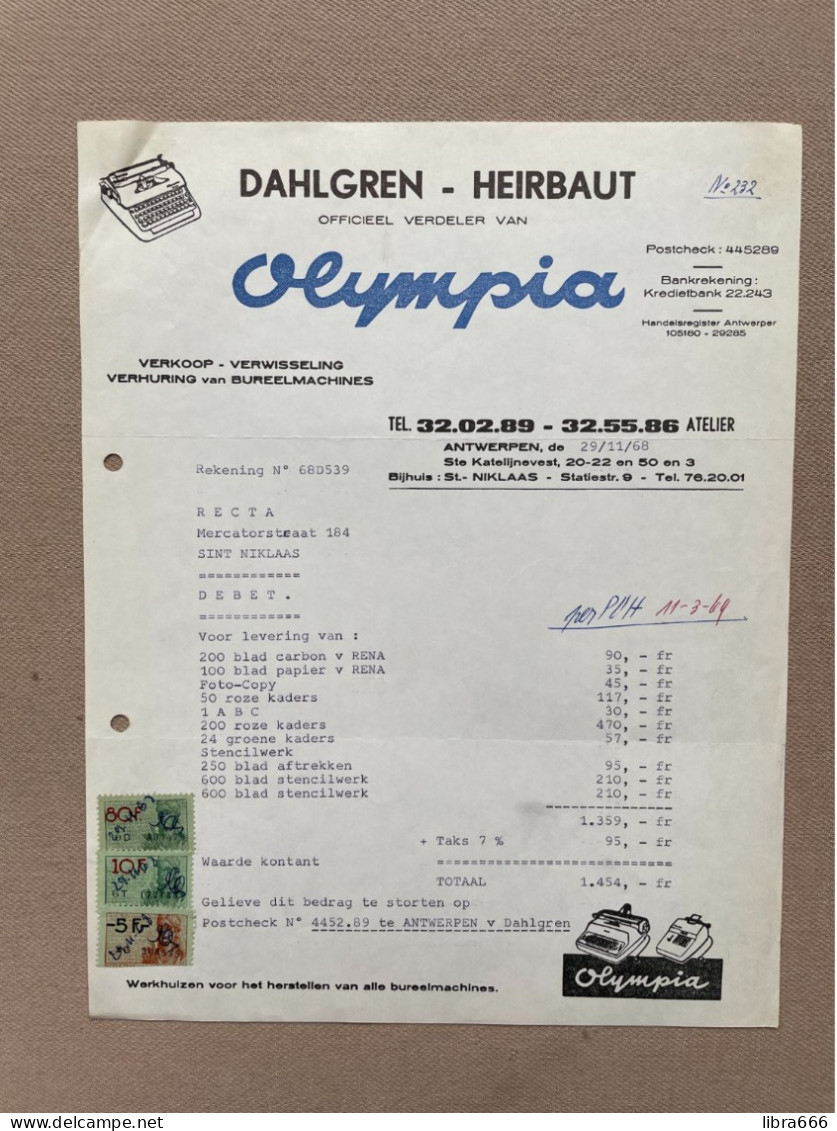 ANTWERPEN - 1968 - DAHLGREN - HEIRBAUT - Officieel Verdeler Olympia - Bureelmachines (+ Fiscale Zegels) - Sint-Niklaas - 1950 - ...