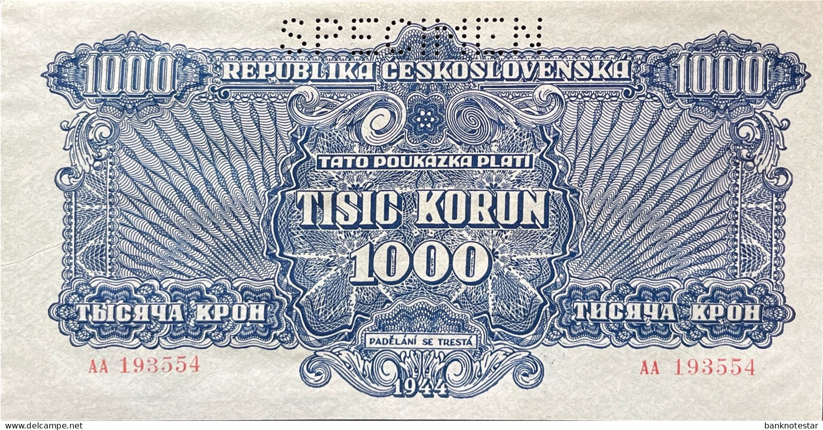 Czechoslovakia 1.000 Korun, P-50S (1944) - UNC - SPECIMEN - Tchécoslovaquie