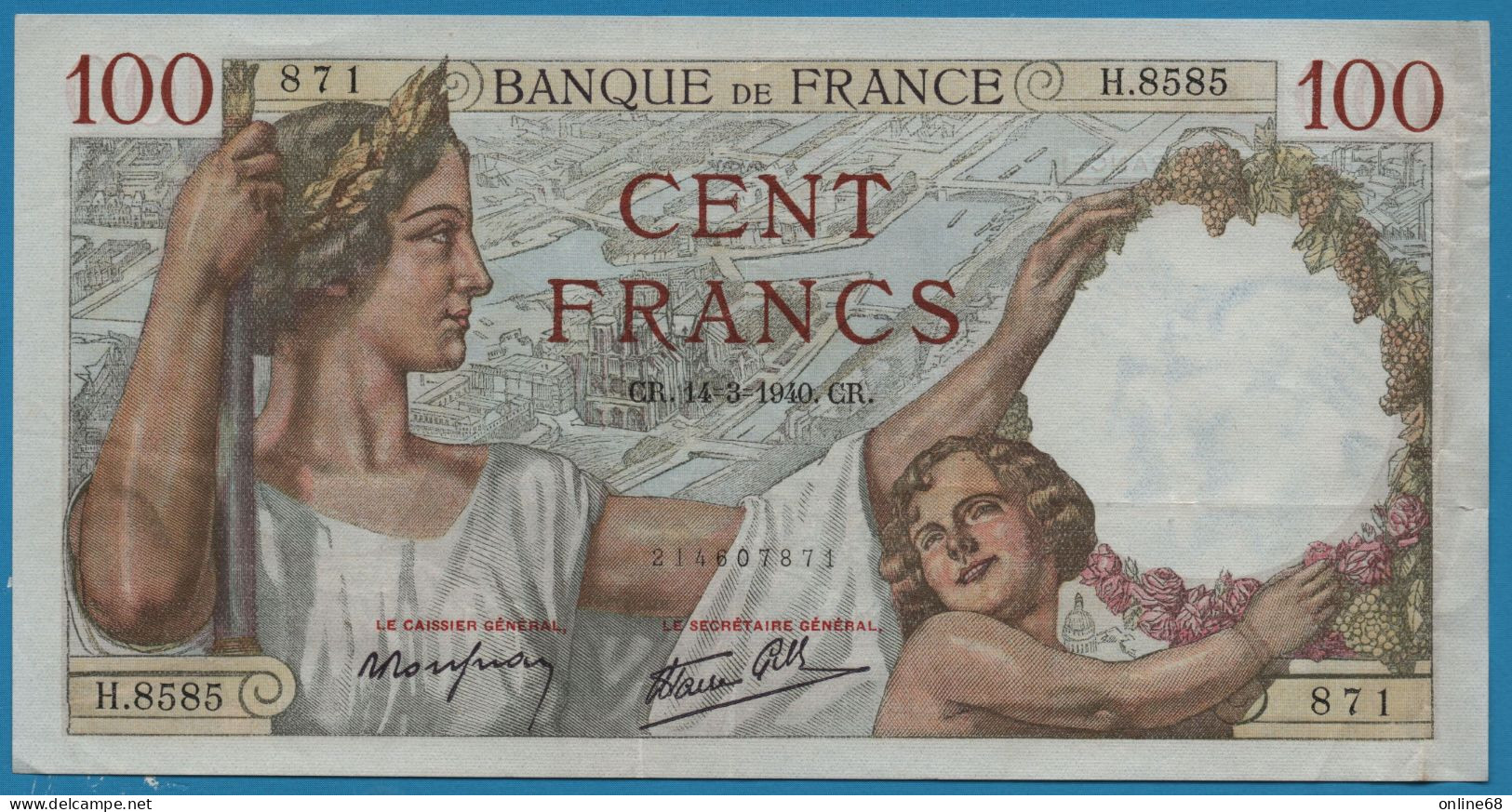 FRANCE 100 FRANCS 14.03.1940 # H.8585 F# 26/25, P# 94 Sully - 100 F 1939-1942 ''Sully''