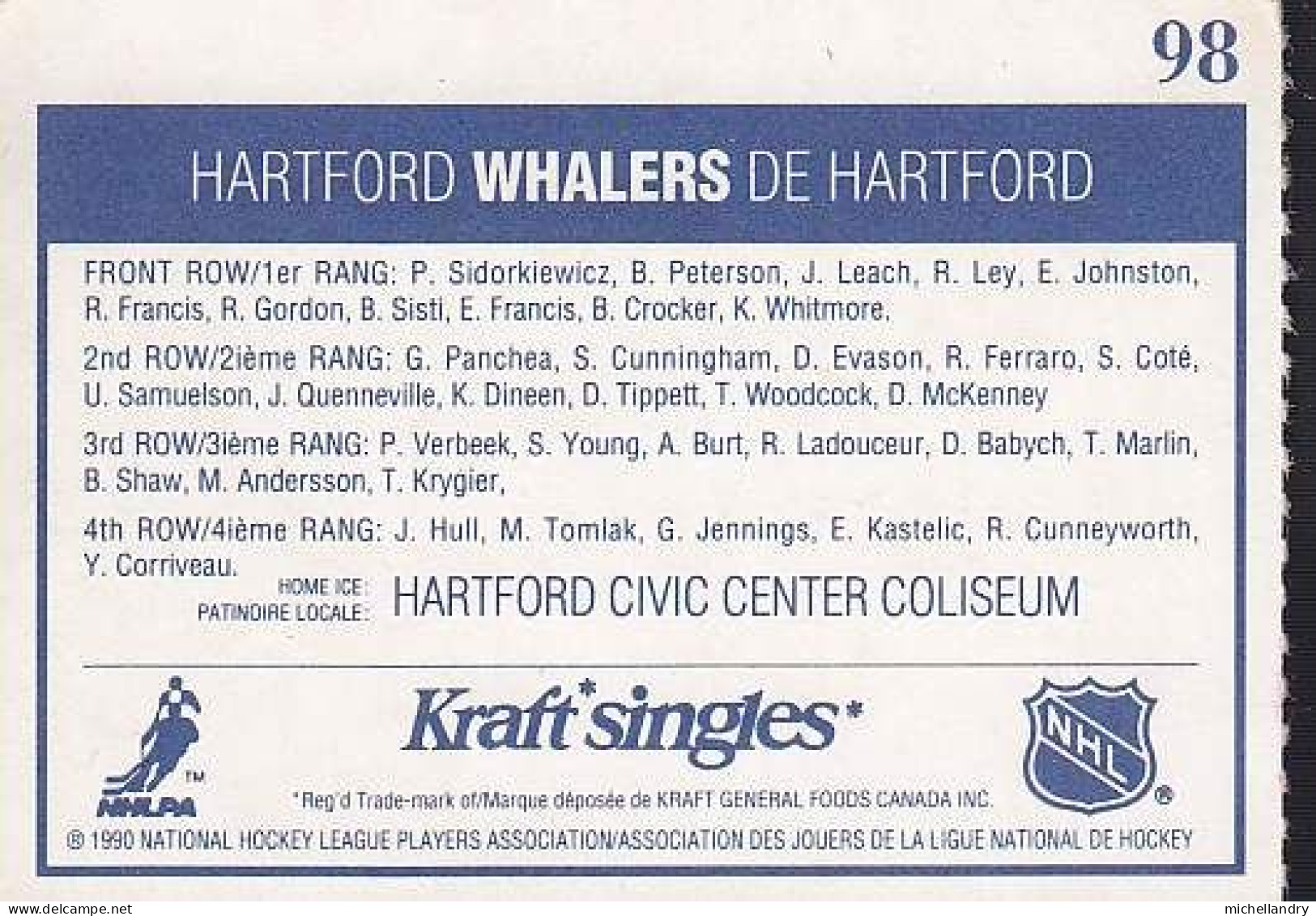 Carte (123793) #98 1990 Kraft Singles Hartford Whalers De Hartford Photo Du Club De Hockey - 1990-1999