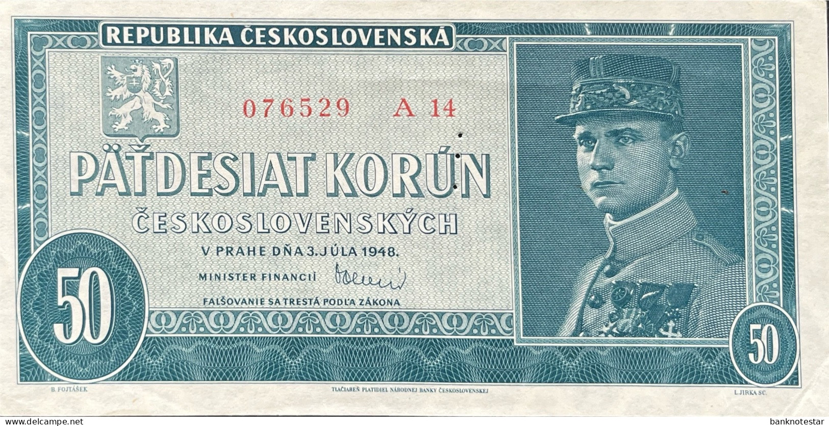 Czechoslovakia 50 Korun, P-66s (3.7.1948) - XF - SPECIMEN - Czechoslovakia