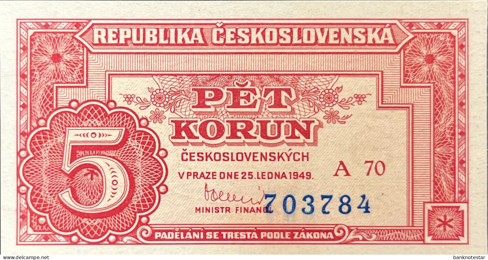 Czechoslovakia 5 Korun, P-68 (25.12.1949) - UNC - Tchécoslovaquie