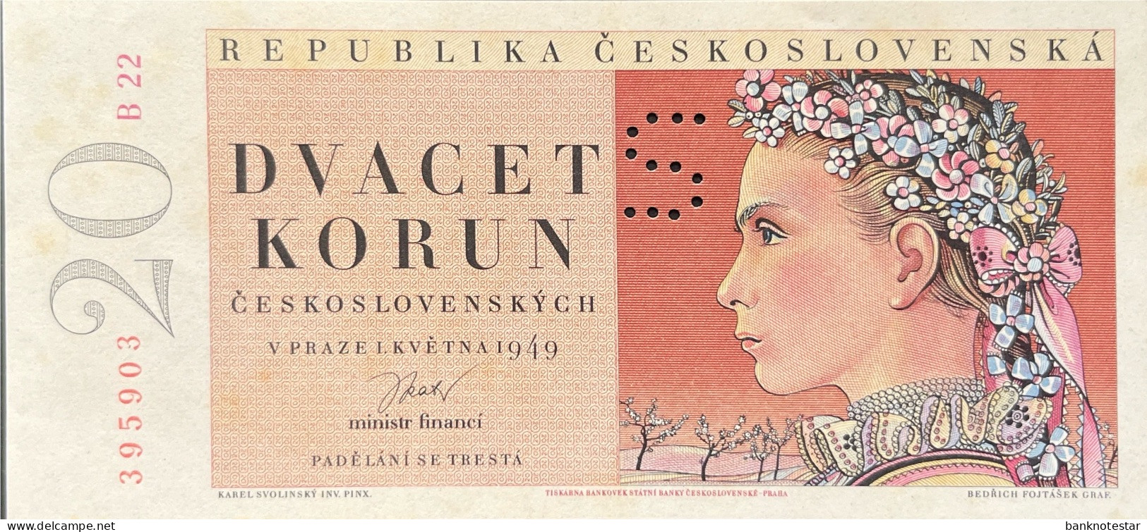 Czechoslovakia 20 Korun, P-70s (1.5.199) - UNC - S Perforation - SPECIMEN - Tchécoslovaquie