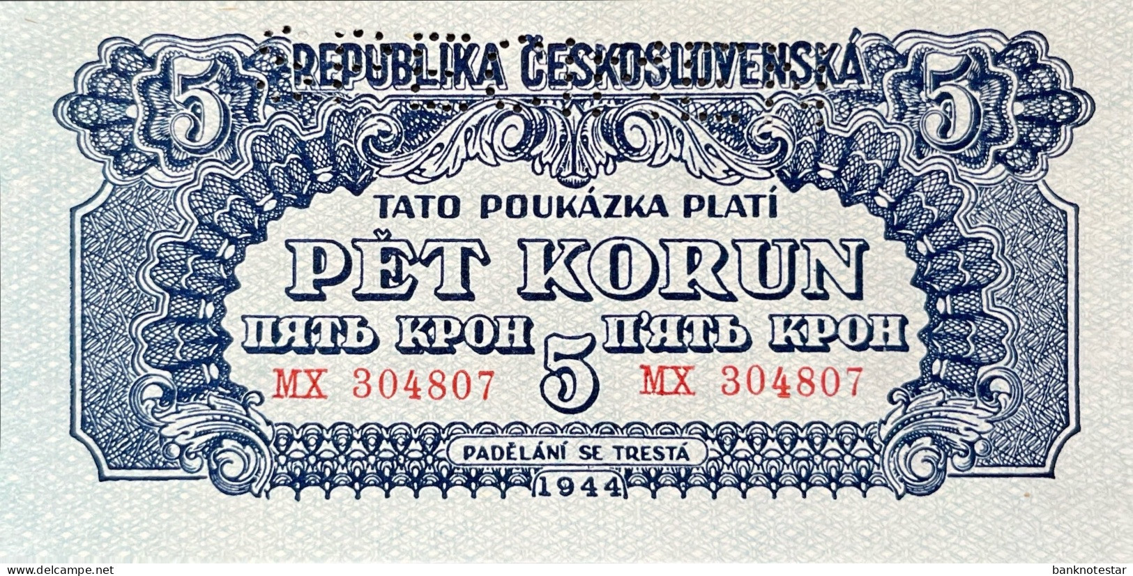 Czechoslovakia 5 Korun, P-46s (1944) - UNC - SPECIMEN - Czechoslovakia