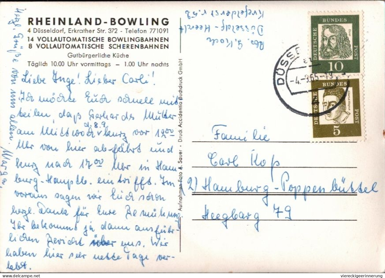 ! 1965 Ansichtskarte Aus Düsseldorf, Rheinland Bowling, Autos, Cars, Bundesfachschule Für Maschinelle Datenverarbeitung - Düsseldorf