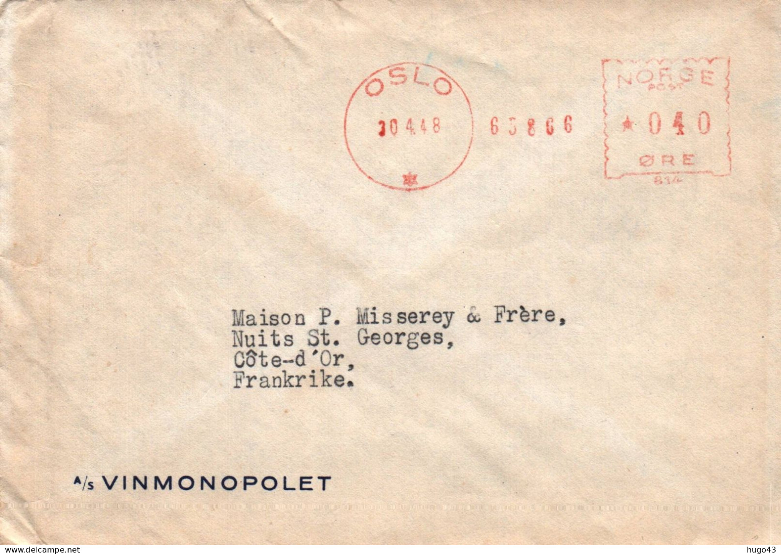 NORVEGE - OSLO EN 1948 - FLAMME MECANIQUE SUR ENVELOPPE - VINMONOPOLET - Lettres & Documents