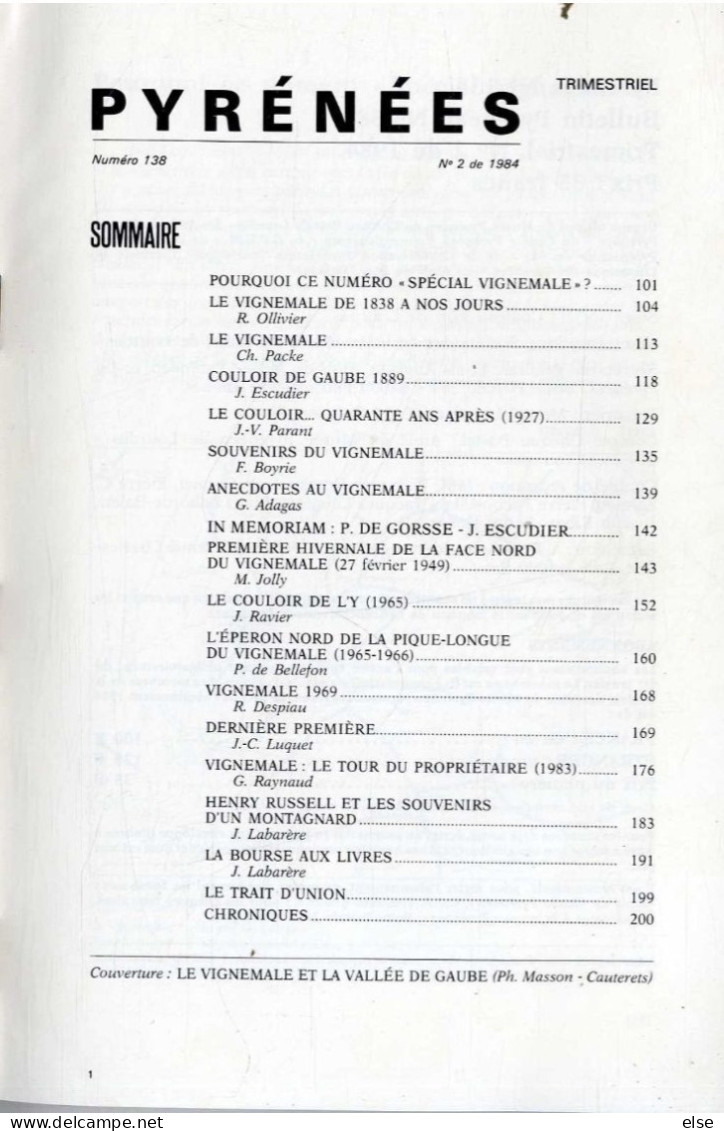 PYRENEEE  N° 138  N° 2 1984  SPECIAL VIGNEMALE   -  LES PYRENEES   -   PAGE 101 A 210 - Midi-Pyrénées