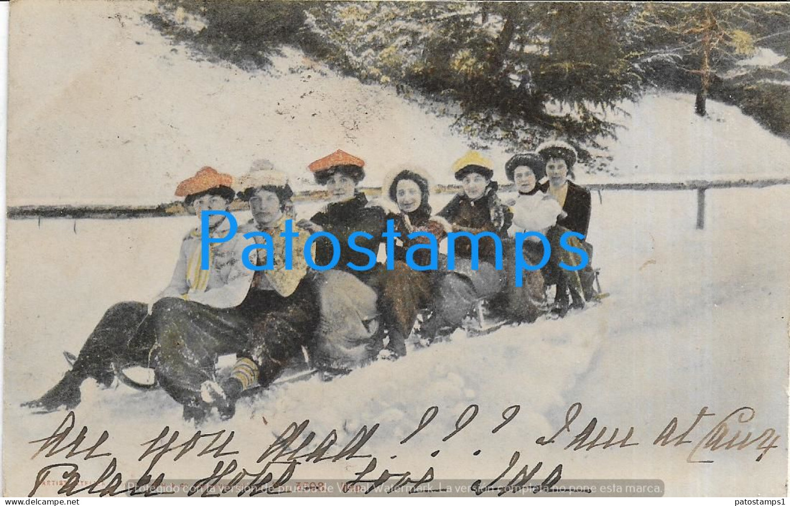 215724 SWITZERLAND COSTUMES SPORTS WINTER WOMAN'S SLED SKY CIRCULATED TO FRANCE POSTAL POSTCARD - Port