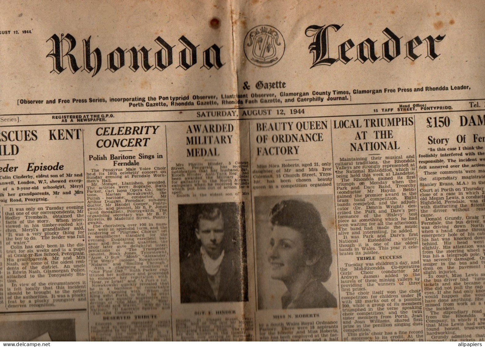 Journal Rhondda Leader N°3323 Saturday, August 12, 1944 - Evacuee Rescues Kent Child... - Sonstige & Ohne Zuordnung