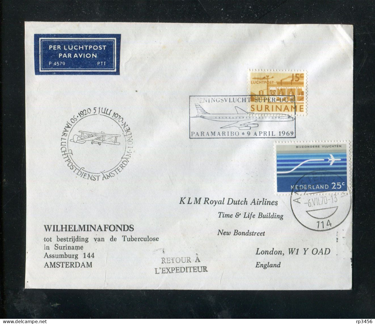 "NIEDERLANDE" 1970, KLM-Sonderflugbrief Mit Zusaetzlich Suriname-Frankatur Abgestempelt In 1969 (C562) - Poste Aérienne