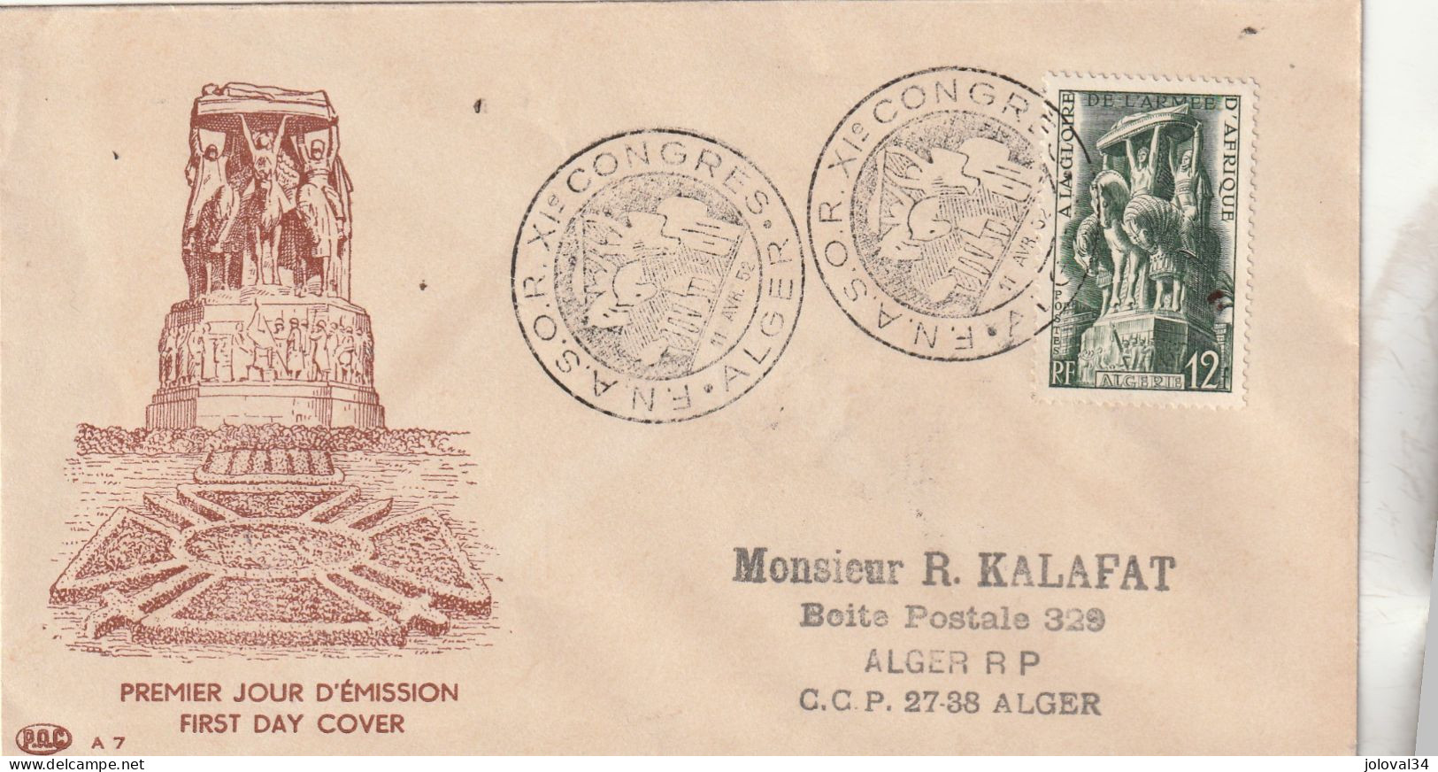 Algérie FDC Yvert 295 Congrès 1952 - 2 Scan - FDC