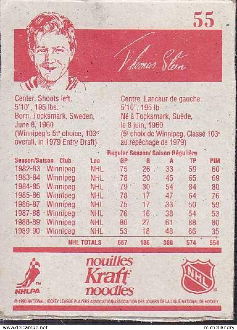 Carte (123796) #55 1990 Kraft Nouilles/Noodles  Thomas Steen #25 Des Jets De Winnipeg - 1990-1999