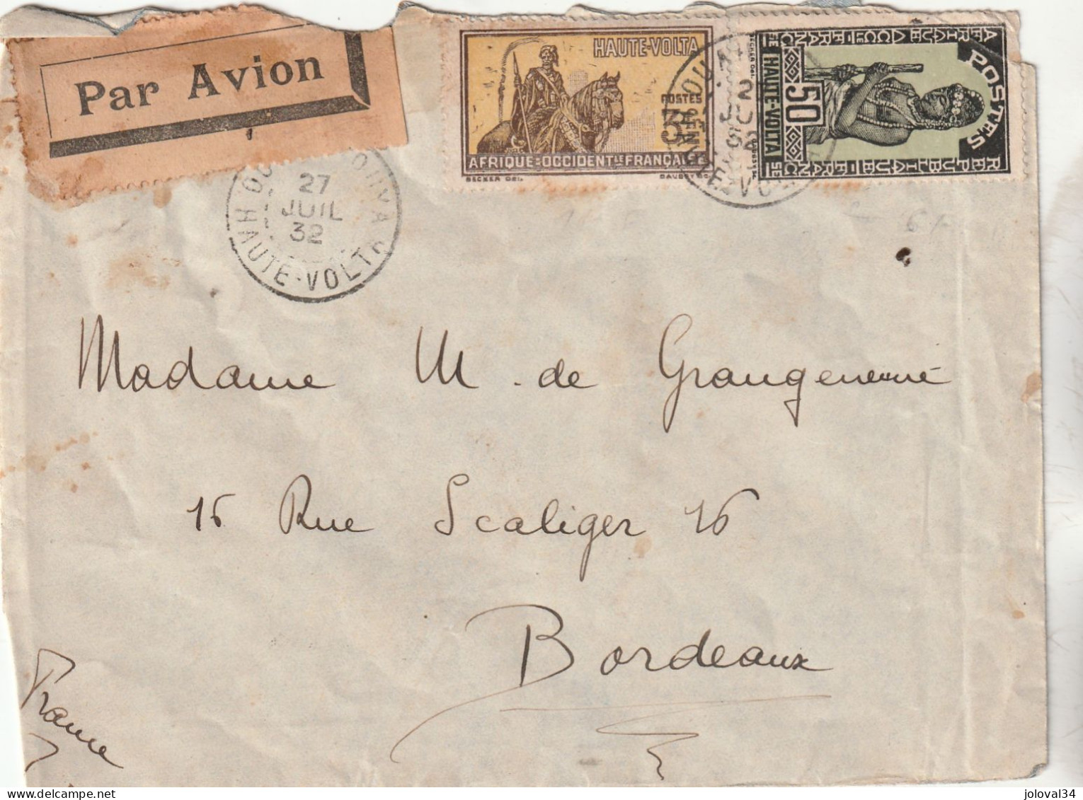 Haute Volta Yvert 54 + 62 Sur Lettre Douala 27/7/1932 Pour Bordeaux - Brieven En Documenten