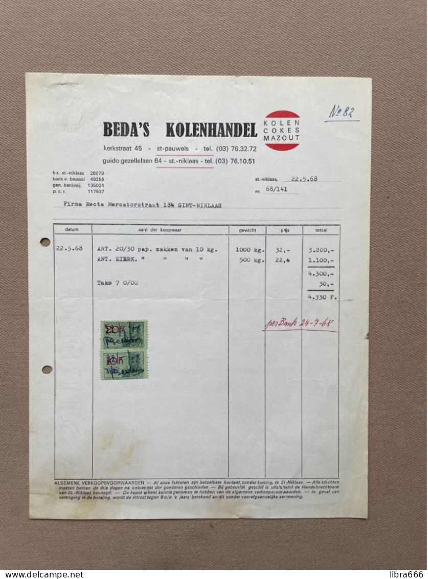 SINT-PAUWELS - 1968 - BEDA'S KOLENHANDEL - Kolen - Cokes - Mazout (+ Fiscale Zegels) - SINT-NIKLAAS - 1950 - ...