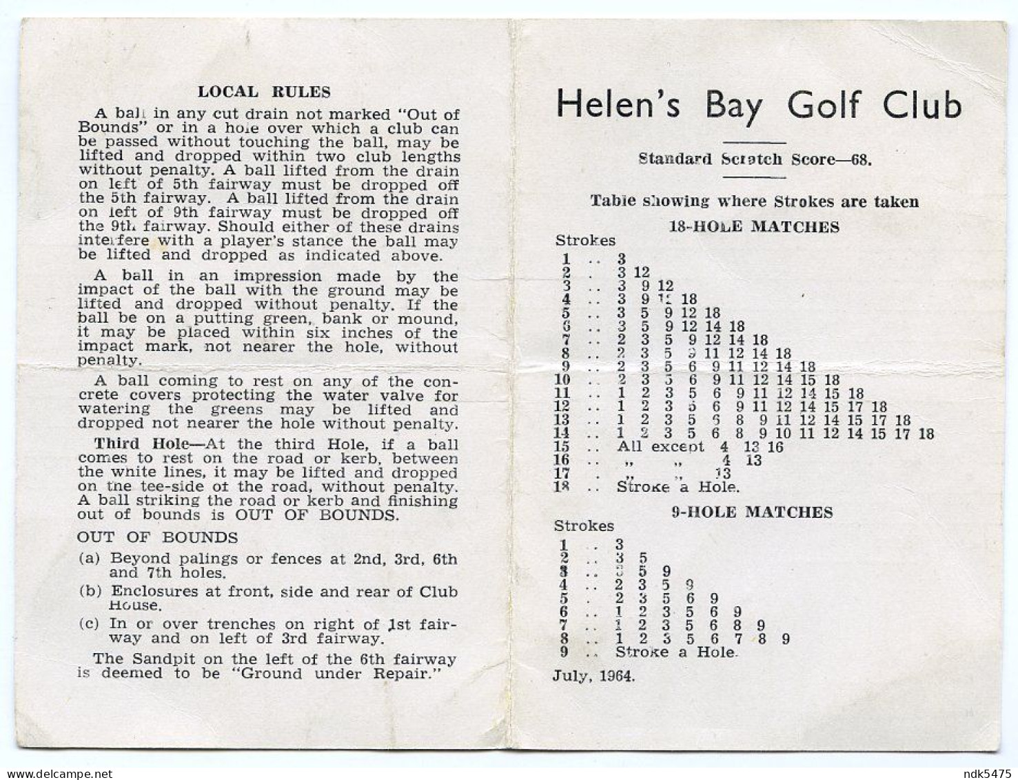 HELEN'S BAY GOLF CLUB, BANGOR - SCORECARD, 1964 - Other & Unclassified