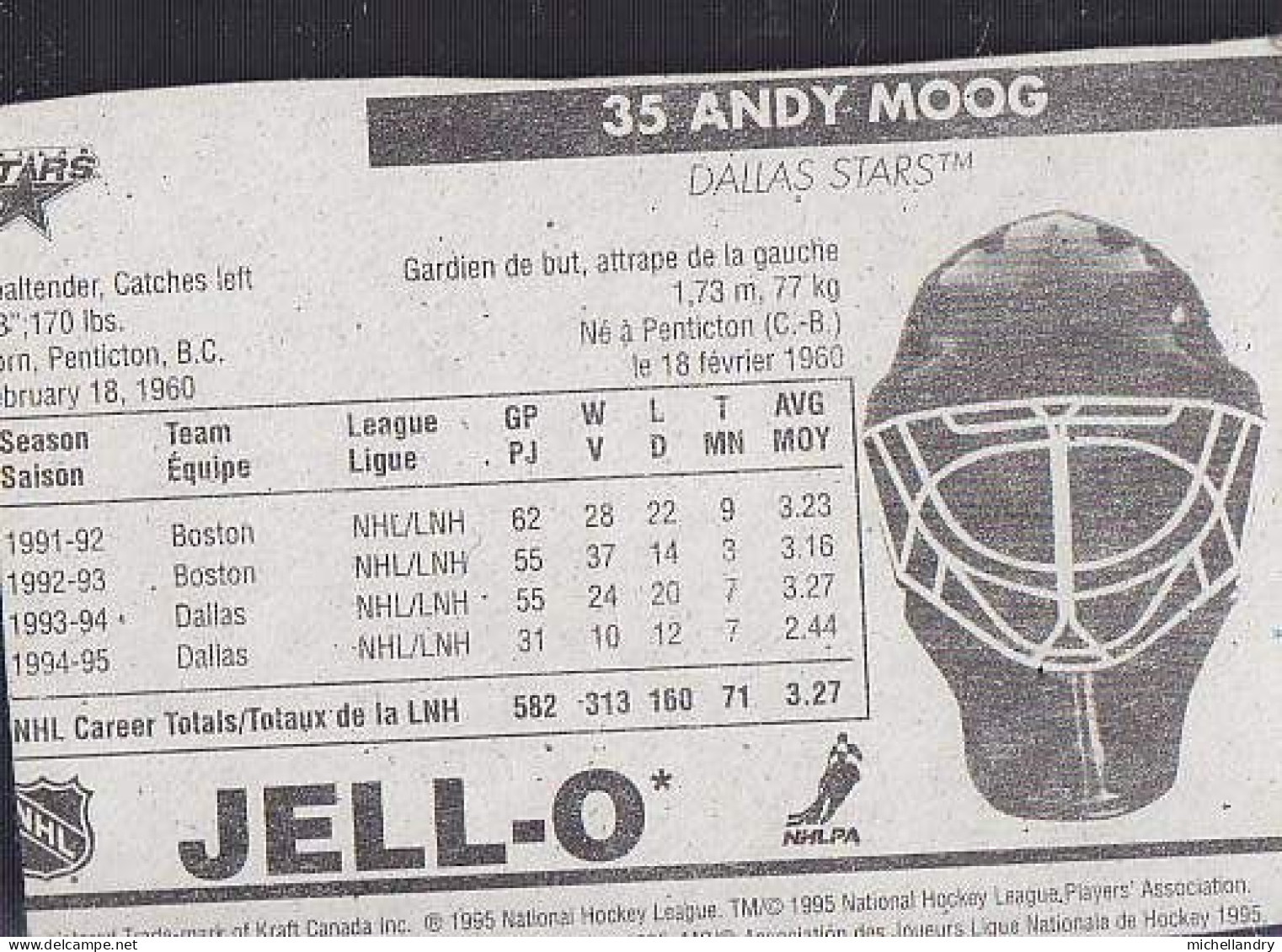 Carte (123797) Jell-O 1995 Andy Moog #35 Des/from Dallas Stars - 1990-1999