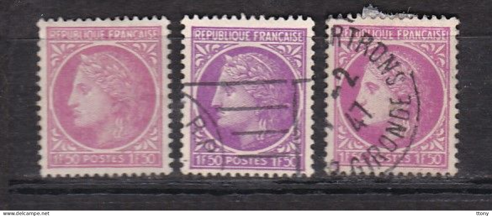 3 Timbres Oblitérés   Cérès De Mazelin  N° 679  1f 50 Lilas  Varièté Nuance De Couleur - 1945-47 Cérès Van Mazelin