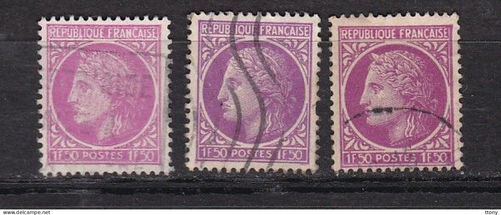 3 Timbres Oblitérés   Cérès De Mazelin  N° 679  1f 50 Lilas  Varièté Nuance De Couleur - 1945-47 Cérès De Mazelin